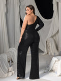 Plus One Shoulder Sequin Long Sleeve Wide Leg Jumpsuit
