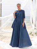 Womens' Lace & Chiffon Mother-of-the-Bride Dress: Flowing Beach Wedding Gown with Mid-Sleeve Detailing & Dramatic Skirt