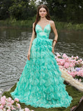 Elegant Plunging Neck Ruffle Layered Hem Floral Tulle Slip Prom Dress