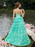 Elegant Plunging Neck Ruffle Layered Hem Floral Tulle Slip Prom Dress