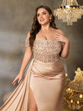 Plus Off-Shoulder Gown with High Slit & Beaded Bodice – Luxury Satin Evening Wear for Red Carpet, Formal Galas & Luxury Weddings, 1XL-5XL