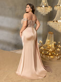 Plus Off-Shoulder Gown with High Slit & Beaded Bodice – Luxury Satin Evening Wear for Red Carpet, Formal Galas & Luxury Weddings, 1XL-5XL