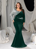Plus Velvet Mermaid Gown with Sweetheart Neckline, Long Sleeves and Sequins Embroidery