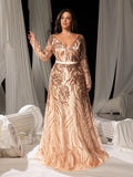 Plus Elegant Plunging Neck Lace-up Back Graphic Sequin Formal Prom Dress Evening Dress