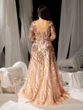 Plus Elegant Plunging Neck Lace-up Back Graphic Sequin Formal Prom Dress Evening Dress