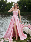 Elegant Applique Detail Sweetheart Neck Split Thigh Satin Prom Dress