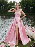 Elegant Applique Detail Sweetheart Neck Split Thigh Satin Prom Dress