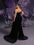 Plus Strapless Draped Side Split Mermaid Hem Velvet Evening Dress