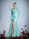 Gigot Sleeves Split Mermaid Hem Sequin Formal Dress