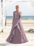 Womens' Chiffon Floor-Length Evening Gown with Short Sleeves & Floral Lace – Elegant Mother of the Bride Dress with Layered Ruffle for Coastal Events, Evening Banquets & Family Gatherings