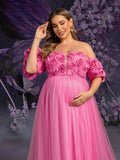 Plus Matenity Off-Shoulder Gown with 3D Rose Embellishments & Ruffled Tulle Skirt – Elegant 1XL-5XL Pregnancy Dresses for Special Occasions