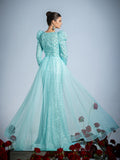 Gigot Sleeves Split Mermaid Hem Sequin Formal Dress