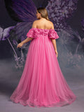 Plus Matenity Off-Shoulder Gown with 3D Rose Embellishments & Ruffled Tulle Skirt – Elegant 1XL-5XL Pregnancy Dresses for Special Occasions