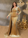 Plus Elegant Pearl Embellished Diagonal Neck Mermaid Hem Velvet Evening Dress