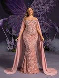 Plus Maternity Off Shoulder Cape Sleeves Mermaid Hem Sequin Formal Dress