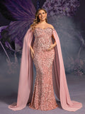 Plus Maternity Off Shoulder Cape Sleeves Mermaid Hem Sequin Formal Dress