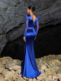 Elegant Deep V-Neck Satin Mermaid Gown with Sheer Tulle Sleeves, Sparkling Embellishments & High Slit