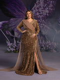 Plus Maternity Surplice Neck Long Sleeves Mermaid Hem Sequin Evening Dress