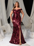 Plus Size Off Shoulder Slit Sequin Mermaid Dress