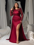 Plus Sequin Long Sleeve V-Neck Formal Dress, Satin Mermaid Train Evening Gown