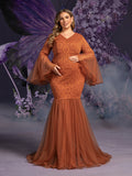 Plus Maternity V Neck Flared Sleeves Mesh Contrast Lace Evening Dress