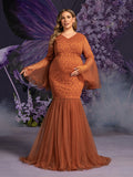 Plus Maternity V Neck Flared Sleeves Mesh Contrast Lace Evening Dress