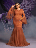 Plus Maternity V Neck Flared Sleeves Mesh Contrast Lace Evening Dress