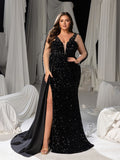 Plus Size Sequin Mermaid Evening Gown: Deep V-neck Front, Sheer sleeves & Thigh Slit