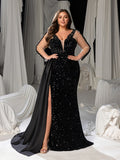 Plus Size Sequin Mermaid Evening Gown: Deep V-neck Front, Sheer sleeves & Thigh Slit
