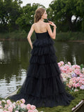 Luxury Feather Bodice Layered Ruffle Tulle Hem Prom Tube Dress