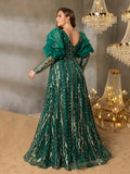 Plus Luxury Plunging Neck Backless Gigot Sleeves Maxi Prom Dress