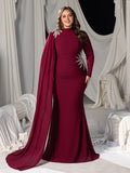 Plus Long-Sleeve High-Neck Mermaid Gown with Rhinestones & Transparent Cape Drape