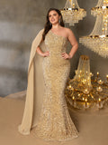 Plus One Shoulder Draped Side Sequin Mermaid Dress