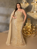 Plus One Shoulder Draped Side Sequin Mermaid Dress