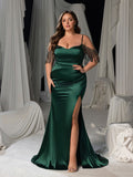 Plus Luxury Off-Shoulder Satin Evening Gown - Beaded Fringe Mermaid Dress with Thigh Slit