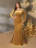 Plus Elegant Asymmetrical Neck Contrast Sequin Mermaid Hem Velvet Evening Dress