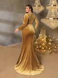 Plus Elegant Asymmetrical Neck Contrast Sequin Mermaid Hem Velvet Evening Dress