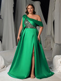 Plus One-Shoulder Evening Gown with Dramatic Slit & Sequin Embellishments – Luxury Evening Wear for Red Carpet, Gala & Fashion Shows