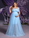 Plus Maternity Plunging Neck Sleeveless Tulle Overlay Party Dress