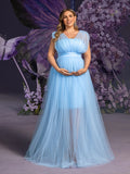 Plus Maternity Plunging Neck Sleeveless Tulle Overlay Party Dress
