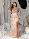 Plus Sequined V-Neck Mermaid Gown with Ruffled Satin Skirt & High Slit