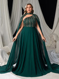 Plus High Neck Chiffon Gown with Detachable Cape | Asymmetrical Cutout & Beaded Embroidery