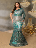 Plus One-Shoulder Geometric Sequin Gown | Long Sleeve Mermaid Dress