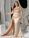 Plus High Slit Mermaid Hem Satin Evening Dress with Sequinl Accents
