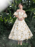 Midi Floral Jacquard Off-Shoulder Gown – Elegant Dress for Garden Galas, Spring Weddings & Formal Events