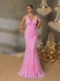 V-Neck Gown with Floral Appliqué Overlay