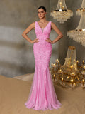 V-Neck Gown with Floral Appliqué Overlay