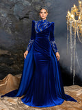 Elegant Velvet High-Neck Formal Dress | Long Sleeve Beaded Evening Gown with Sweep Train