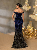 Elegant Off Shoulder Split Mermaid Hem Ombre Sequin Evening Dress