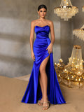 Ruched Side Draped Sweetheart Satin Tube Dress
